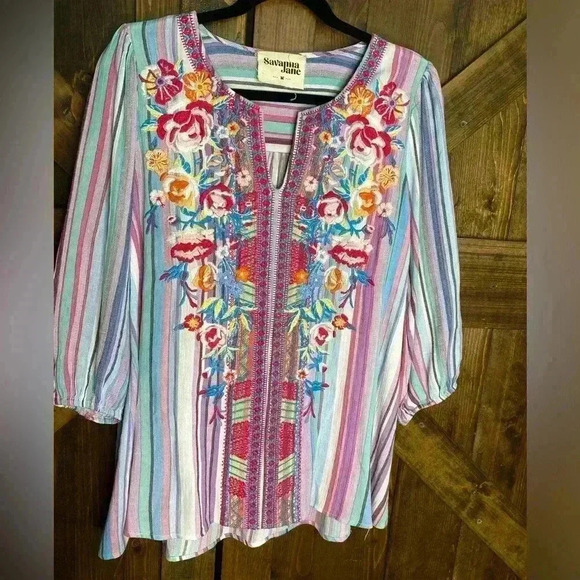 SAVANNA JANE Embroidered Floral Striped Blouse Size M - Picture 1 of 8